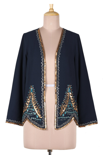 Beaded jacket, 'Glitz and Glamour in Blue' - Hand-Beaded Open-Front Jacket from India
