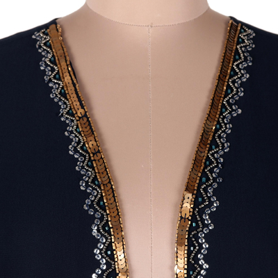 Beaded jacket, 'Glitz and Glamour in Blue' - Hand-Beaded Open-Front Jacket from India