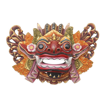 Wood mask, 'Barong Dance' - Balinese Handpainted Good vs. Evil Wood Dance Mask