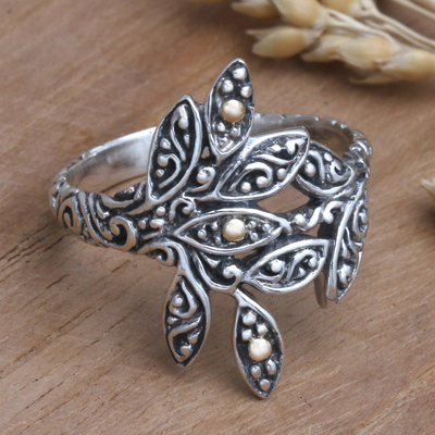 Gold-accented wrap ring, 'Spring Sprig' - Gold-Accented Sterling Silver Wrap Ring from Bali