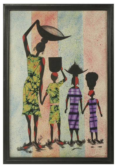 Cotton batik wall art, 'Working Together II' - African Painting Batik and Calico Signed and Framed