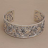 Sterling silver cuff bracelet, 'Undergrowth' - Detailed Sterling Silver Vine and Leaf Cuff Bracelet