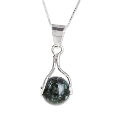 Jade pendant necklace, 'Dark Maya World' - Hand Made Modern Sterling Silver Pendant Jade Necklace