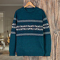 suéter para hombre 100% alpaca, 'Andean Teal Sky' - Suéter de punto para hombre hecho de 100% alpaca en Perú