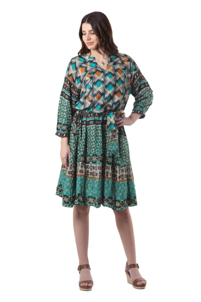 Embroidered viscose a-line dress, 'Blast From the Past' - Embroidered Viscose A-Line Dress with Geometric Print