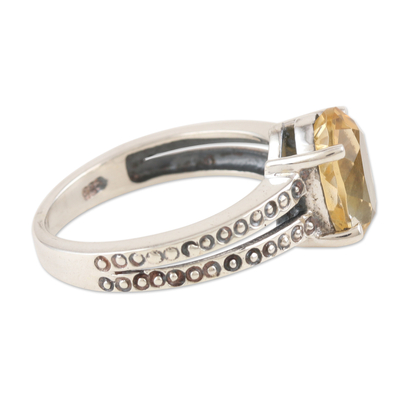 Citrine solitaire ring, 'Sun Dots' - Sterling Silver and Citrine Solitaire Ring