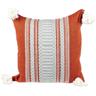 Cotton cushion cover, 'Orange Tradition' - Handloomed Vertical Striped Cotton Cushion Cover in Orange