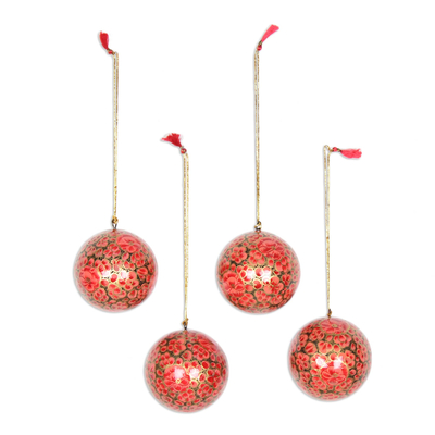 Papier mache ornaments, 'Kashmir Blossom' (set of 4) - Floral Papier Mache Ornaments from India (Set of 4)