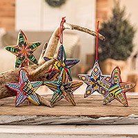 Ceramic ornaments, 'Holiday Stars' (set of 6)