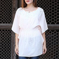 Cotton caftan, 'Stylish Grace' - Cream Cotton Caftan with Crocheted Accents