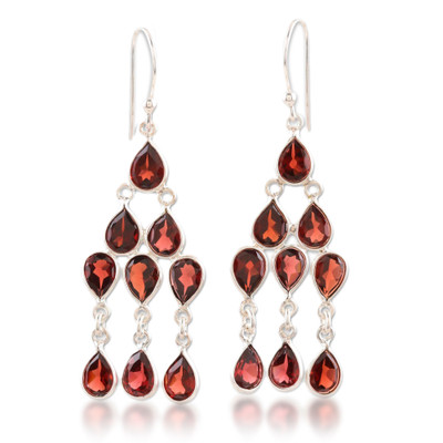 Garnet chandelier earrings, 'Radiant Waterfall' - Sterling Silver and Garnet Chandelier Earrings