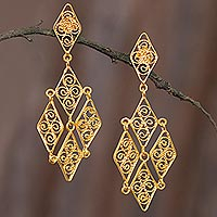 Gold plated filigree dangle earrings, 'Colonial Geometry'