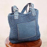 Leather-accented crocheted shoulder bag, 'Costa Azul' - Azure Crocheted Shoulder Bag from Mexico