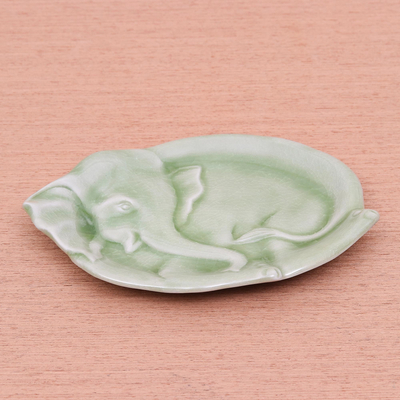 Celadon ceramic plate, 'Elephant at Rest in Green' - Handmade Elephant Themed Celadon Ceramic Plate