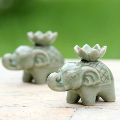 Porta incienso de cerámica Celadon, (par) - Porta-incienso de cerámica con elefante y loto de Tailandia (2)