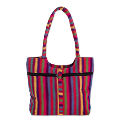 Cotton shoulder bag, 'Countryside Stripes' (12 inch) - Bright Striped Cotton Shoulder Bag from Guatemala (12 in.)