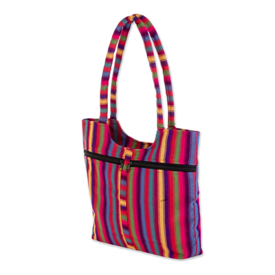 Cotton shoulder bag, 'Countryside Stripes' (12 inch) - Bright Striped Cotton Shoulder Bag from Guatemala (12 in.)