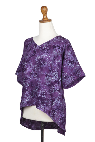 Batik rayon blouse, 'Night Lily' - Hand-Stamped Batik Rayon Blouse with Floral Motif