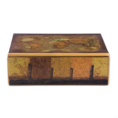 Reverse-painted glass decorative box, 'Cartographer's Treasure' - Golden World Map Reverse-Painted Glass Wood Decorative Box
