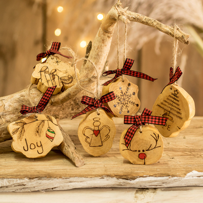 Wood ornaments, 'Wooden Holidays' (set of 6) - Set of 6 Handmade Christmas Ornaments with Painted Motifs