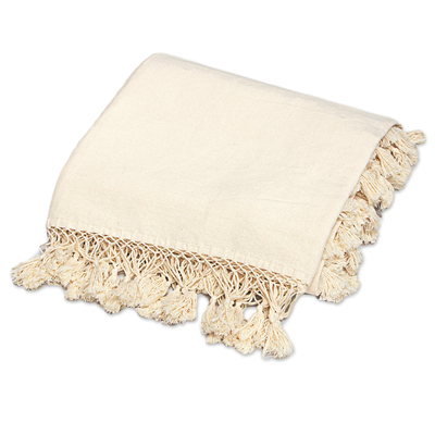 Cotton blanket, 'Ivory Memories' (king) - Hand Woven 100% Cotton Blanket in Ivory from Mexico (King)