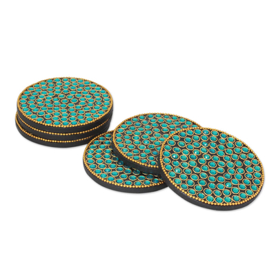 Bejeweled coasters, 'Aqua Glitz' (set of 6) - Bejeweled coasters (Set of 6)