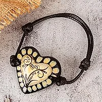 Papier mache heart bracelet, 'Ruffled Valentine' - Black & Beige Hand Painted Papier Mache Heart Bracelet