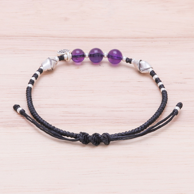 Amethyst beaded bracelet, 'Pretty Om' - Amethyst Beaded Om Bracelet from Thailand