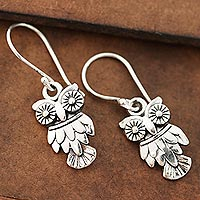 Sterling silver dangle earrings, 'Night Vision' - Sterling Silver Owl Dangle Earrings from India