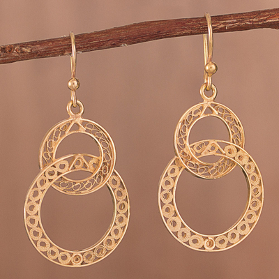 Gold plated filigree dangle earrings, Looped in Gold