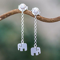 Pendientes colgantes de plata de ley, 'Elefantes lindos' - Pendientes colgantes de cadena de elefante de plata de ley de Tailandia