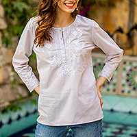 Cotton tunic, 'Summer Elegance' - 3/4 Sleeve Grey Cotton Tunic with White Machine Embroidery