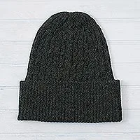100% alpaca hat, 'Moss Braid Cascade' - Cable-Knit 100% Alpaca Hat in Moss from Peru