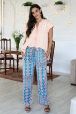Viscose pants, 'Meena Bazaar in Teal' - Teal and Melon Print Viscose Blend Pants