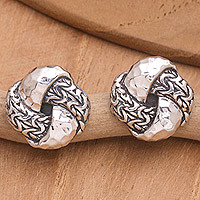 Sterling silver button earrings, 'Flower Knots' - Knot Sterling Silver Button Earrings Crafted in Bali