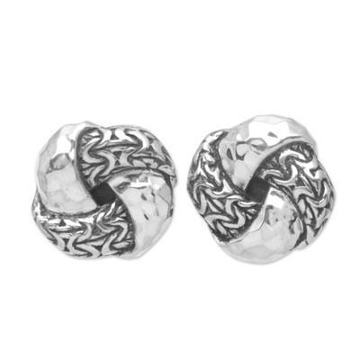 Sterling silver button earrings, 'Flower Knots' - Knot Sterling Silver Button Earrings Crafted in Bali