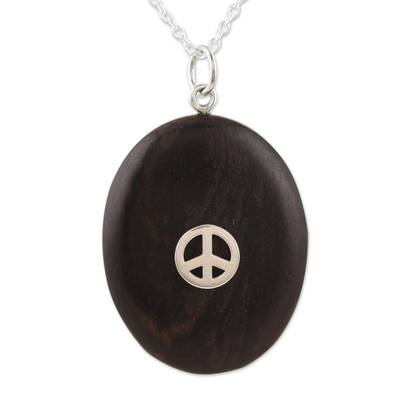 Ebony wood and sterling silver pendant necklace, 'Uninterrupted Peace' - Hand Made Sterling Silver Ebony Wood Pendant Necklace