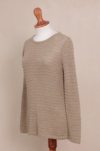 Cotton blend sweater, 'Taupe Lines' - Cotton Blend Sweater in Taupe with Line Patterns from Peru