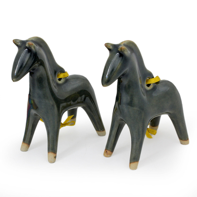 Celadon ceramic ornaments, 'Blue Winter Horses' (pair) - Handmade Celadon Ceramic Christmas Ornaments (Pair)
