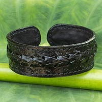Men's leather cuff bracelet, 'Midnight Warrior' - Fair Trade Black Leather Cuff Bracelet for Men
