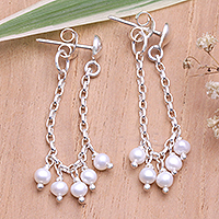 Cultured pearl waterfall earrings, 'Pearly Waters' - Sterling Silver Waterfall Earrings with Grey Cultured Pearls