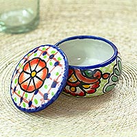 Ceramic decorative box, 'Hidalgo Bouquet' - Talavera-Style Decorative Ceramic Box