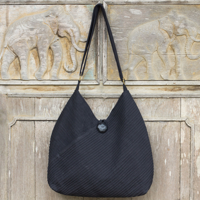 Cotton hobo bag with coin purse, 'Surreal Black' - Cotton Hobo Shoulder Bag with Coin Purse and Multi Pockets