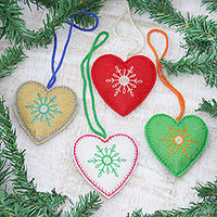 Wool felt ornaments, 'Folk Art Hearts' (set of 4) - Set of 4 Assorted Color Wool Felt Heart Ornaments