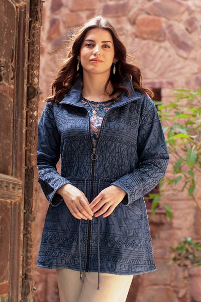 Embroidered cotton denim coat, 'Winter Wish' - Fleece-Lined Cotton Denim Coat from India