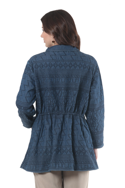 Embroidered cotton denim coat, 'Winter Wish' - Fleece-Lined Cotton Denim Coat from India