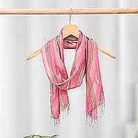 Hand-painted silk scarf, 'Pink Vine' - Hand-Painted Striped Silk Scarf