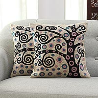 Embroidered cotton cushion covers, 'Cheery Tree' (pair) - Black Tree Embroidered Cotton Cushion Covers (Pair)