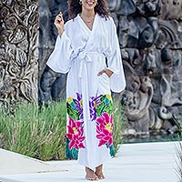 Hand-painted rayon robe, 'Beautiful Flowers in White'