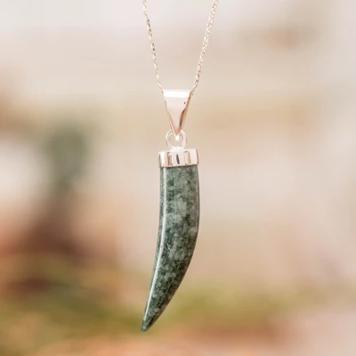 Men's jade pendant necklace, 'Invincible' - Men's Handcrafted Sterling Silver Pendant Jade Necklace